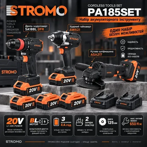 Набір акумуляторного інструменту Stromo PA185 SET, 3 інструменти, 3 АКБ
