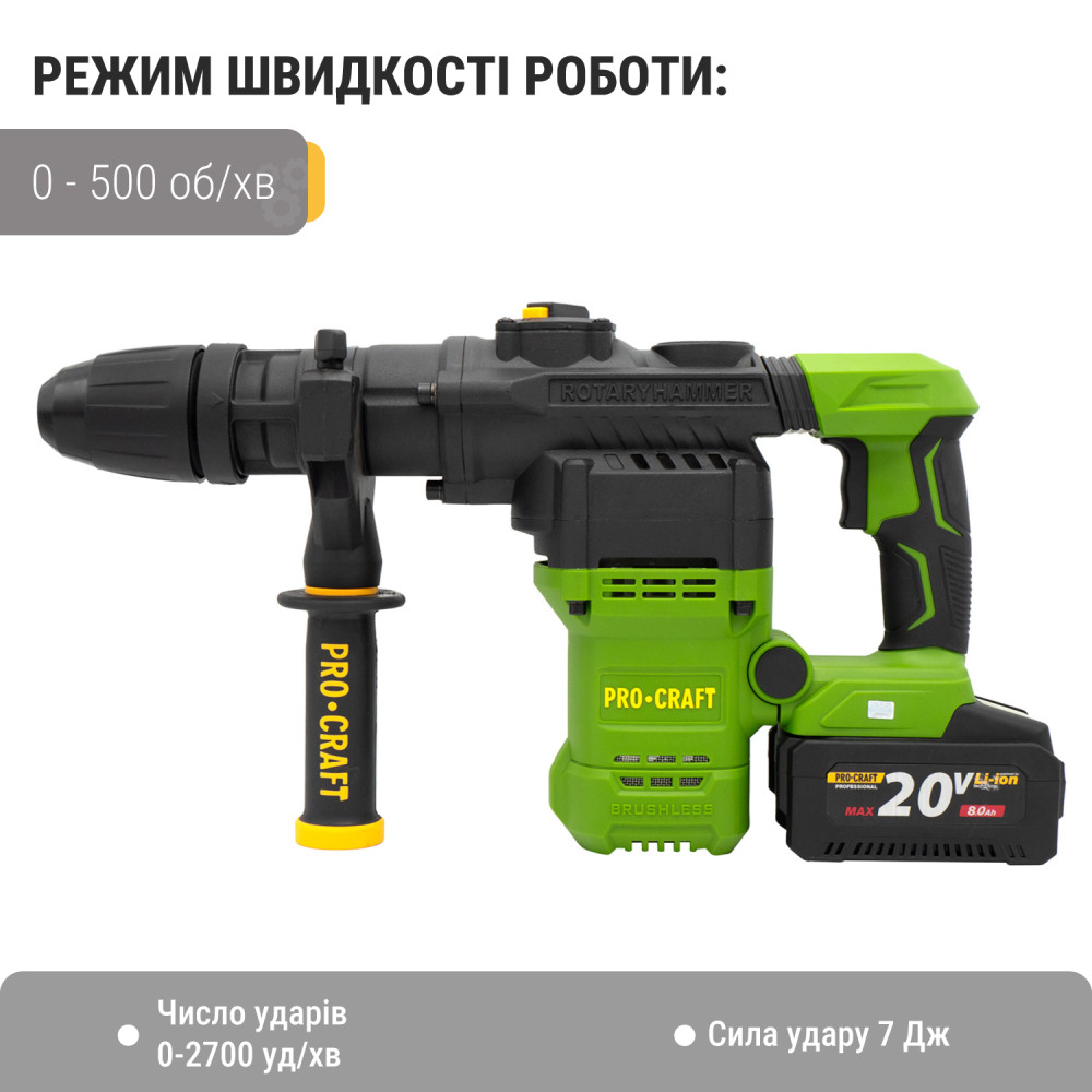 Акумуляторний перфоратор Procraft PHA50 Кейс (з 1 акб та ЗП) - Зображення 19